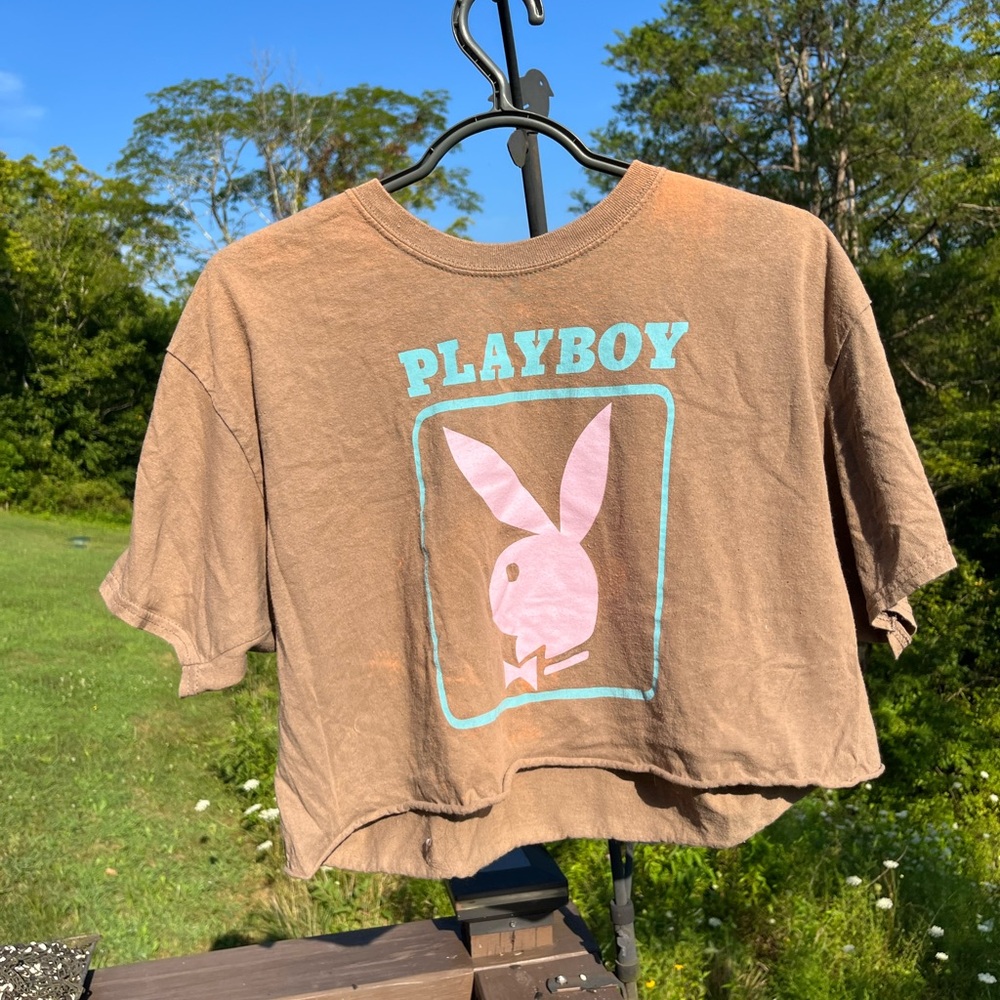 Playboy cropped Brown Tee with Pink Graphic